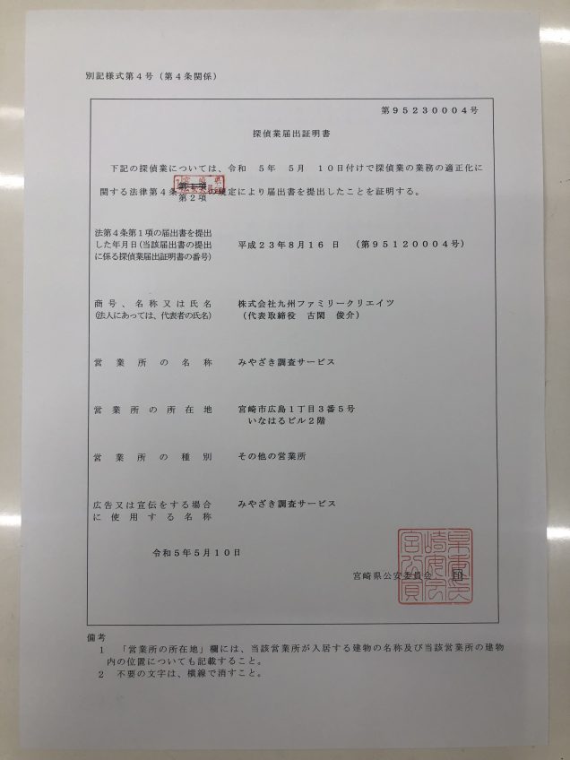 みやざき調査サービス 営業許可証:宮崎県公安委員会届出 第95230004号